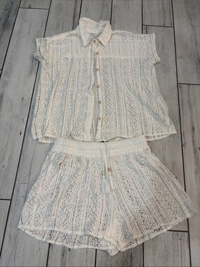 Women's White Lace Swim Coverup Set - Button Shirt & Shorts